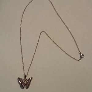 Silver Butterfly Necklace Stones Pink Burgundy 2 Shades Of Purple Hangs 9 1/2" N